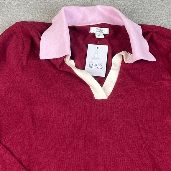 Croft & Barrow Sweater Womens Large Burgundy Pink Knit V Neck Collared Preppy - Picture 2 of 10